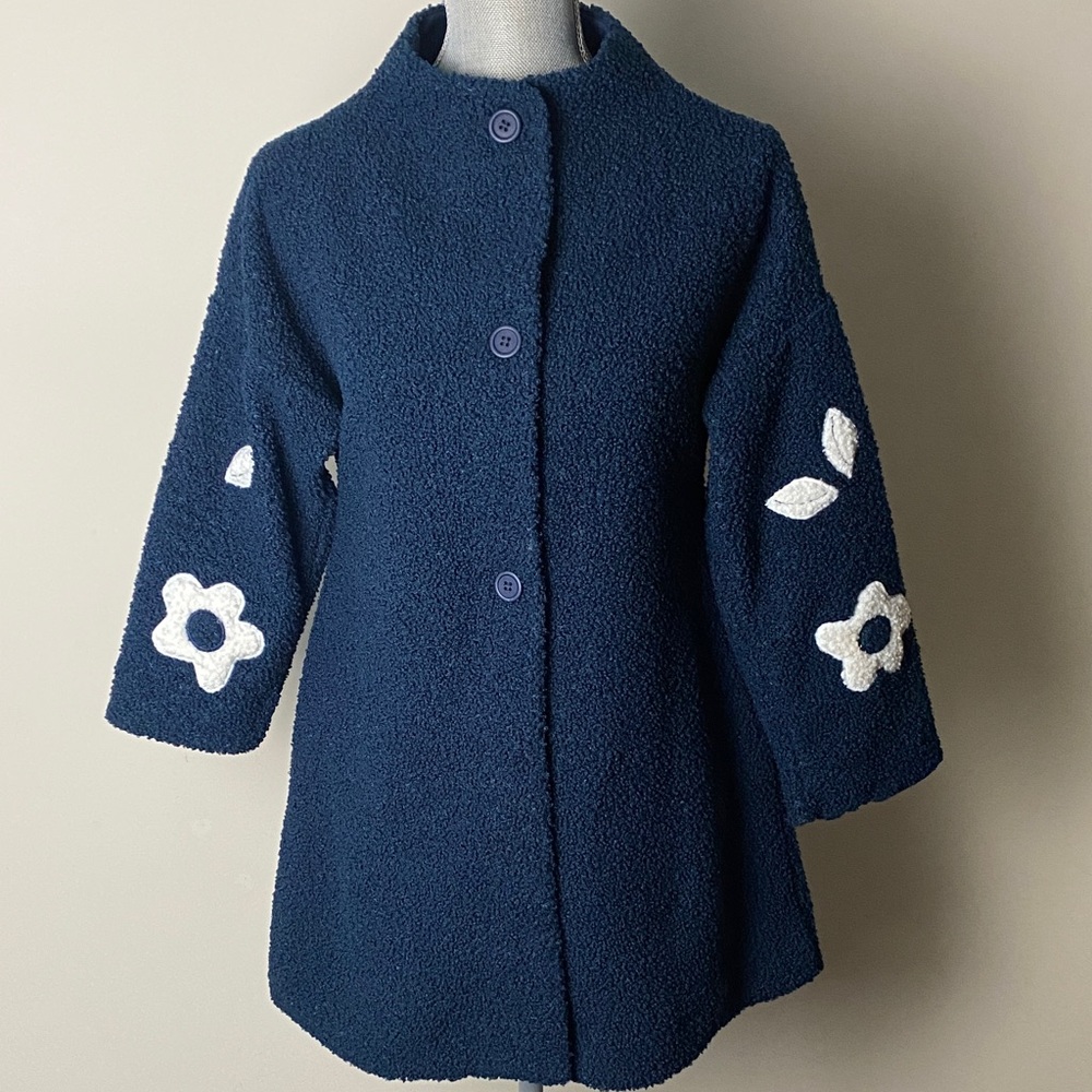 Florence Eiseman Dark Blue Pea Coat with Cream Floral Details XS